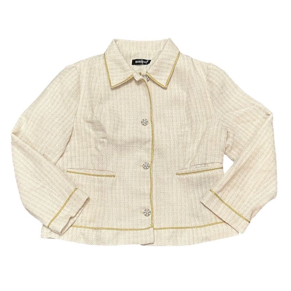 Allegra K Tweed Cream Blazer Jacket Gold Trim